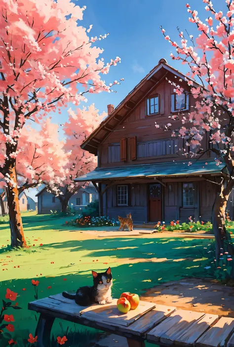 ussr, summer, village, village house in the foreground, apple tree blossoms, flowers in the garden, the cat lies on the bench,