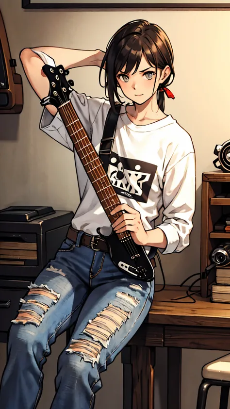 masterpiece, top quality, photorealistic, 1 Man, short mullet hairy grey, (in pop punk clothes, grunge style) black brown jeans washed, ripped minimalist, Bedroom, (playing electric guitar red), 1Cats white black, sunshine, morning