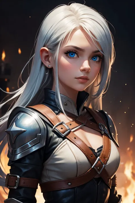 halfling soldier woman with silver hair and blue eyes in studded leather