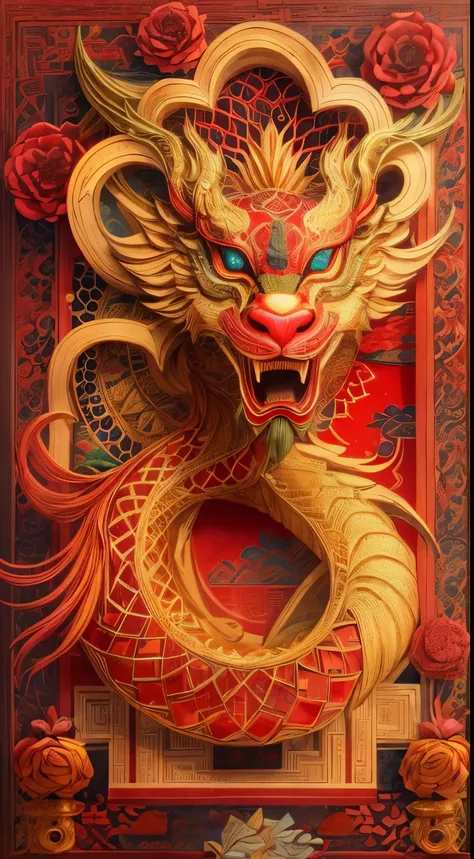 （sun，edgBunny，Change，Golden Chinese dragon，lantern，Chinese New Year)，red background，(paper art, Quilted paper art:1.2, geometry:1.1, Zentangle,3d rendering), (extremely colorful, best quality, detailed details, masterpiece, official art, Lighting effects, ...