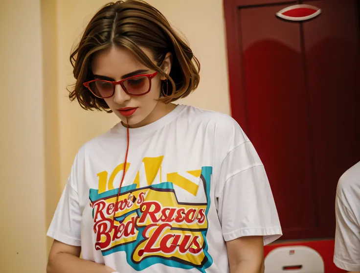 there is a woman with red glasses and a white t-shirt, wearing red glasses, em camiseta, wearing orange sunglasses, imagem de qualidade muito baixa, shot on nicon camera, 90s color foto, 8k