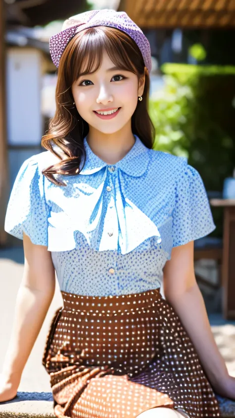 (realistic, photo-realistic:1.4), (extremely detailed 8k wallpaper), bokeh, detailed beautiful eyes and skin, (Image from thighs to head:1.3), ultra res, (Japanese idol:1.4), 25yo, beautiful woman, smile, Nogizaka, large breast, Polka dot midi skirt with a...