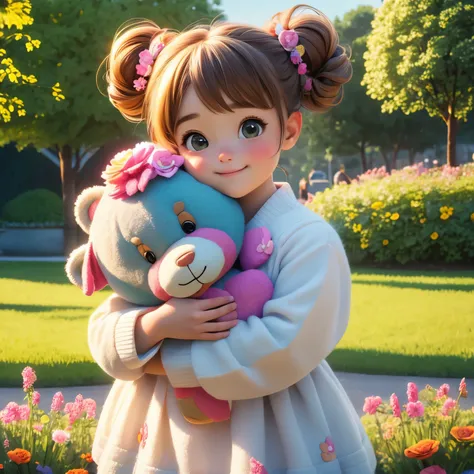 (best quality,4k,8k,highres,masterpiece:1.2),ultra-detailed,(realistic,photorealistic,photo-realistic:1.37),Illustration,Octane Render,morning park,a  walking with a teddy bear, the girl has a bun hairstyle and a smiling face, vibrant colors, soft sunlight...