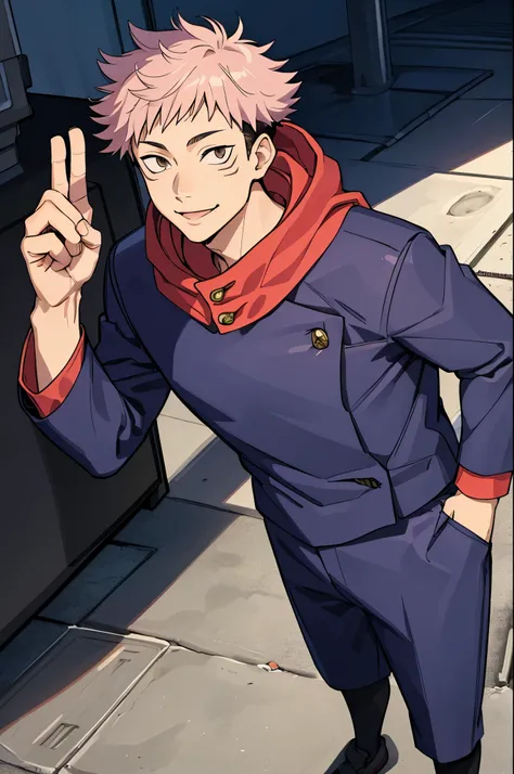 (masterpiece, best quality:1.2), solo, male focus, 1boy, itadori yuji, smile, looking at viewer, hand in pocket, school uniform, gakuran, long sleeves, hoodie, hood down, pants 