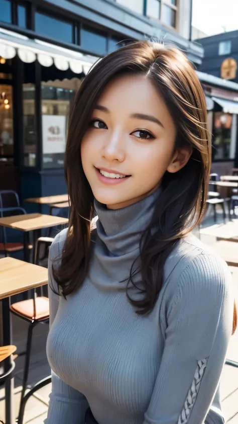 ((young woman sitting in front of a cafe)),((turtleneck shirt:1.3)). 40k, photograph, masterpiece, highest quality, dark gray background, ), ((plump breasts)), perfectionな顔, perfection , ((huge breasts)), ((One girl with brown eyes and gorgeous bright blac...