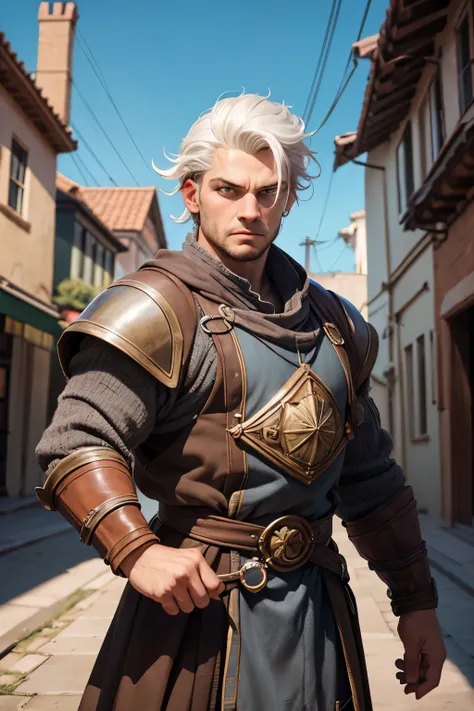 dwarf fighter man with white hair and bright grey eyes in plate mail