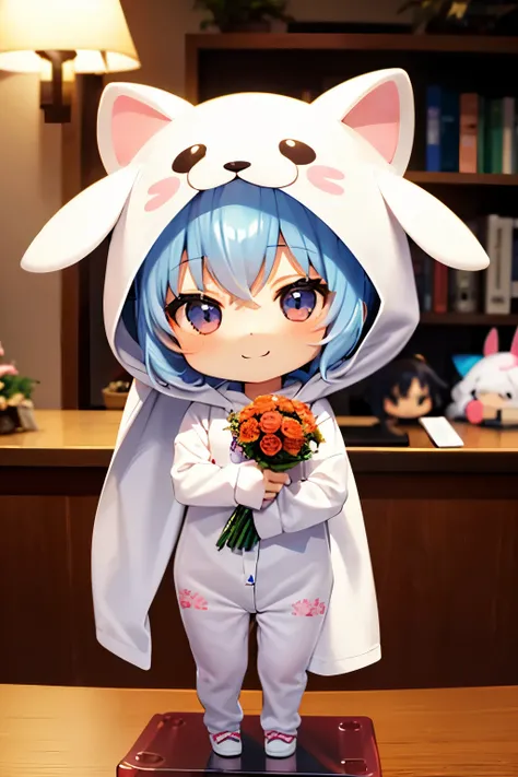 (Chibi:1.3), happy, (holding a bouquet), full body, (Kigurumi), indoors, on the table, (Nendoroid:1.1),