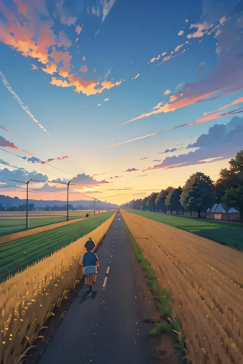 Generates a daytime autumn sky with floating clouds，The subject of the picture is a large asphalt road，There are street lights and telephone poles on both sides of the road.，On both sides of the picture are farmer uncles harvesting golden wheat in the fiel...