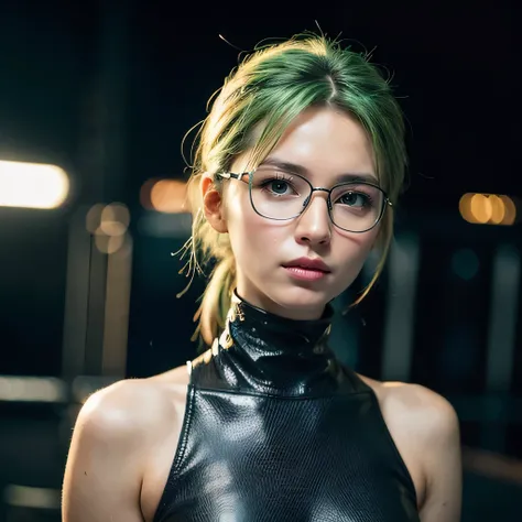 Cyberpunk Night City,green hair,Full Length, wear closed electronic glasses in cyberpunk style,cyberpunk neck implants,wear a short cyberpunk skirt,Full Length, Maximum photorealism, (photo Realistic:1.4), (hyper Realistic:1.4), (Realistic:1.3), (smoother ...