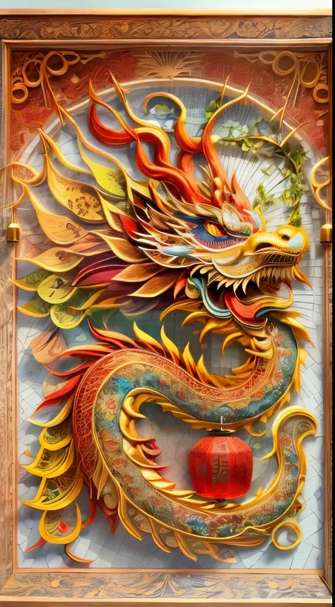 （sun，edgBunny，Change，Golden Chinese dragon，lantern，Chinese New Year)，red background，(paper art, Quilted paper art:1.2, geometry:1.1, Zentangle,3d rendering), (extremely colorful, best quality, detailed details, masterpiece, official art, Lighting effects, ...