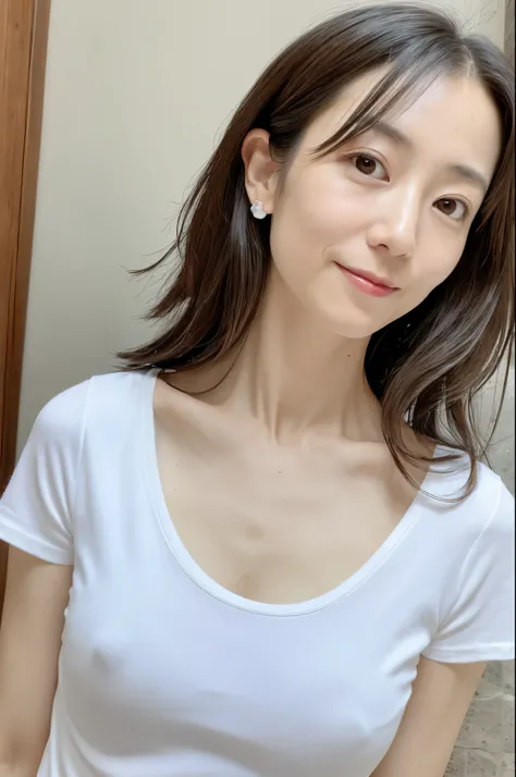 (High reality photograph, high resolusion, detailed face, detailed eyes) Skinny Japanese lady, 40 years old, wife, cute face, various face expression, solo:1, lovely body, skinny figure, small breasts, very thin waist, various hair style, white T-shirt, em...