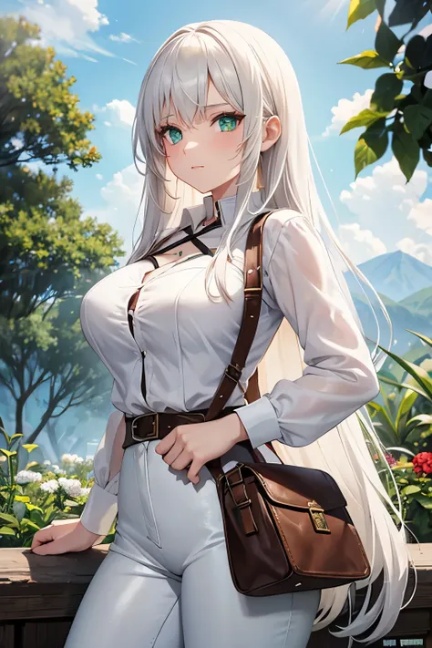 beautiful witcher girl with long white hair and emerald green eyes in loose white shirt and leather pants