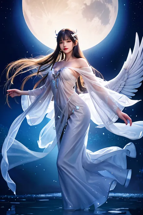 In the heart of a dark forest, under the cover of midnight, a mystical angel woman appears. With translucent cloths delicately draped over her ethereal form, she stands by the tranquil edge of a lake. The reflection of the full moon in the still water cast...