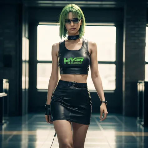 Cyberpunk Night City,girl with green hair in bob style,Full Length, wear closed electronic glasses in cyberpunk style,cyberpunk neck implants,wear a short cyberpunk skirt,Full Length,shoots a pistol, Maximum photorealism, (photo Realistic:1.4), (hyper Real...