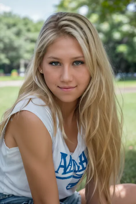 raw photo of annkou, plain t-shirt and denim shorts on a park, closeup portrait, blonde, realistic skin details, (high detailed ...