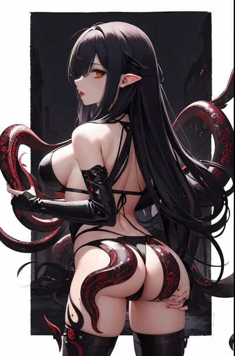 masterpiece, best quality, In winter, night, 4 But, girl, very long hair,  big breasts, Gothic, Sadomasochism, wall, Zombified，Zombie changes and tentacles fuse，Zombie Queen，Black tentacles，Tentacles and legs，hot pants，looking down，back view，buttocks，stick...