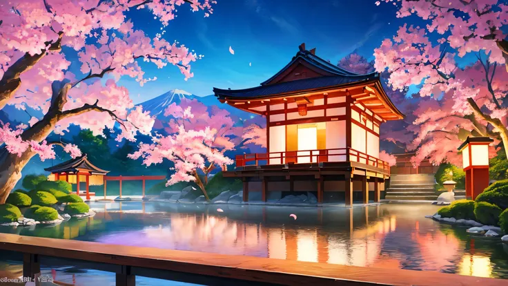 a peaceful traditional Japanese temple in the cherry blossom garden, shrouded in a serene mist, surrounded by vibrant pink cherry blossom trees, a majestic torii gate at the entrance implying a spiritual journey, a tranquil koi pond reflecting the beauty o...