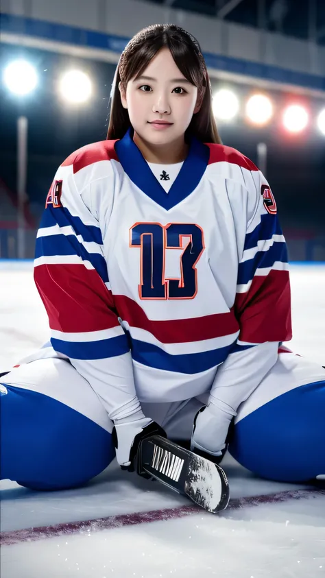 1 female, Overweight, Ice Hockey Uniforms, extremely fat, Chubby, Japanese, 4K, High resolution, masterpiece, highest quality, fine skin, sharp focus, (cinematic lighting)