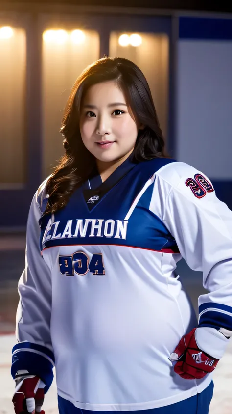 1 female, Overweight, Ice Hockey Uniforms, extremely fat, Chubby, Japanese, 4K, High resolution, masterpiece, highest quality, fine skin, sharp focus, (cinematic lighting)