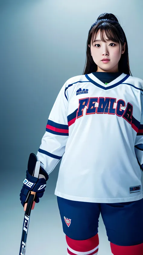 1 female, Overweight, Ice Hockey Uniforms, extremely fat, Chubby, Japanese, 4K, High resolution, masterpiece, highest quality, fine skin, sharp focus, (cinematic lighting)