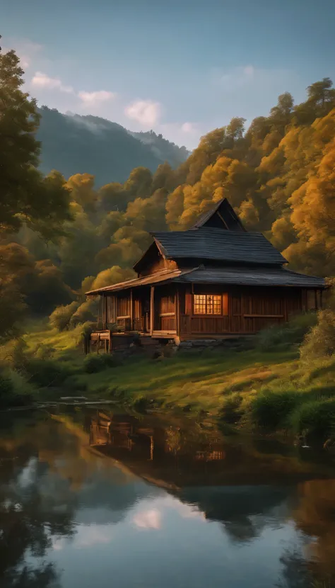 highest quality、8k、Detailed facial depiction、masterpiece、highest quality、Crisp image quality、Photo of an old wooden house and the surrounding nature