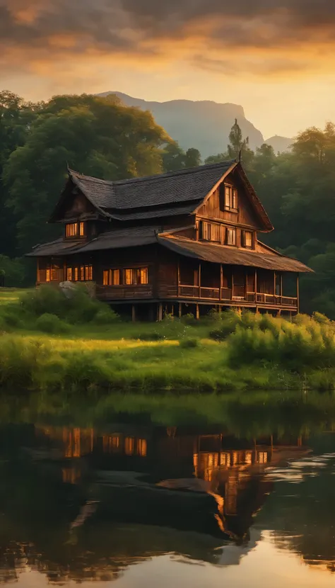 highest quality、8k、Detailed facial depiction、masterpiece、highest quality、Crisp image quality、Photo of an old wooden house and the surrounding nature