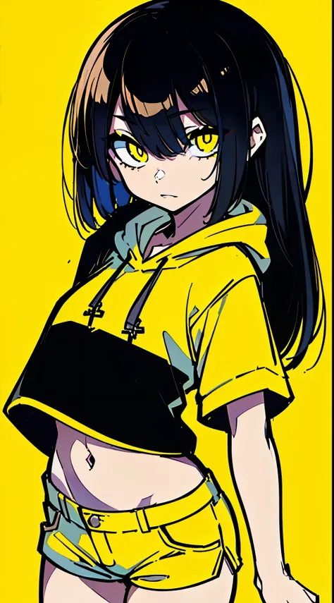 (masterpiece, highest quality:1.6), alone, thick outline, (simple background, Dark yellow background, monochrome, dark yellow theme:1.2), official art, Key Visual, 8K, disorganized, whole body, (Unique hair, Oversized Hoodies, hot pants, arch back, short t...