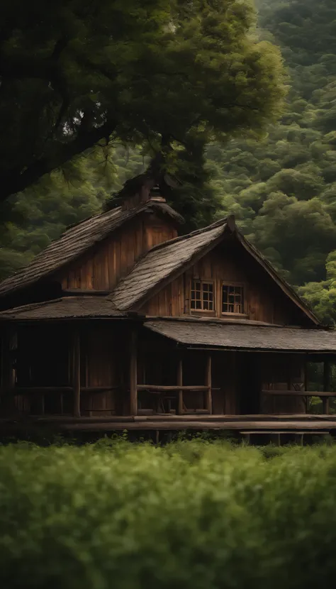 highest quality、8k、Detailed facial depiction、masterpiece、highest quality、Crisp image quality、Photo of an old wooden house and the surrounding nature