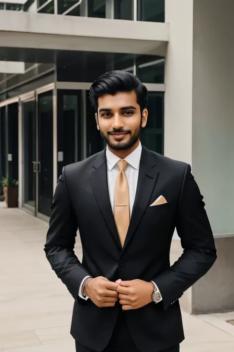 23 year old handsome indian business professional man standing ahead of a corporate building with formals and no facial hair. His black hair with 4 inch length is styled back. Dressed in sharp suit he is giving a very friendly smile to his colleagues