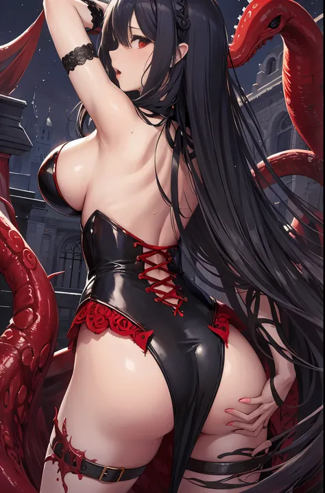 masterpiece, best quality, In winter, night, , girl, very long hair,  big breasts, Gothic, Sadomasochism, wall, Zombified，Zombie changes and tentacles fuse，Zombie Queen，Red tentacles，Tentacles and legs，hot pants，looking down，back view，buttocks，playful，Love...