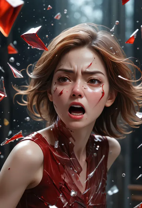 （best quality，Super fine，fidelity：1.37），beautiful girl，cold expression，tears，Red viscous liquid oozes from scratches on face，close up。Red paint splashes in the air，Bullets flew through the air，broke the glass。Instant capture，penetrating glass shards，Detail...