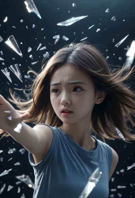 hole in glass，glass shards flying，Bullet trajectory。Beautiful girl is shocked。（best quality，4K，8k，masterpiece：1.2），