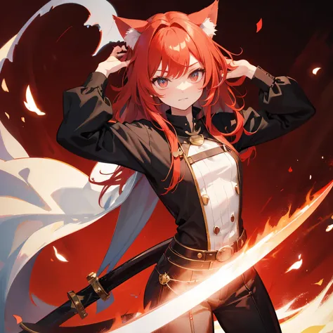 redhead　Cat ear　I have a magic sword　tail　red background