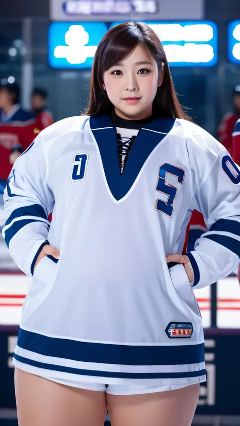 1 female, Overweight, Ice Hockey Uniforms, extremely fat, Chubby, Japanese, 4K, High resolution, masterpiece, highest quality, fine skin, sharp focus, (cinematic lighting)