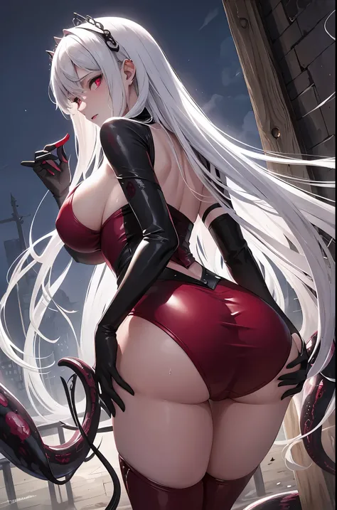 masterpiece, best quality, In winter, night, , girl, very long hair,  big breasts, Gothic, Sadomasochism, wall, Zombified，Zombie changes and tentacles fuse，Zombie Queen，Red tentacles，Tentacles and legs，hot pants，looking down，back view，buttocks，playful，Love...