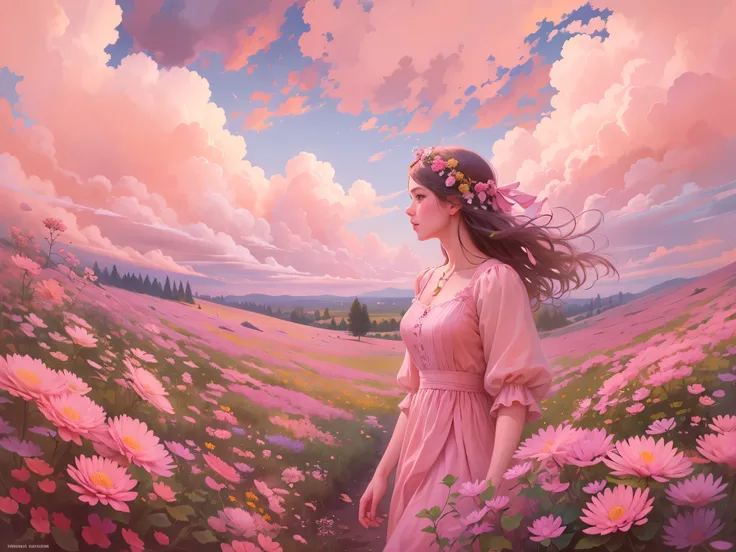 Romantic and dreamy illustration of a girl walking through a field of flowers, with pink clouds in the sky, inspired by Russian poetry, soft pastel colors, intricate details on the flowers and clouds, by Ivan Shishkin and Viktor Vasnetsov