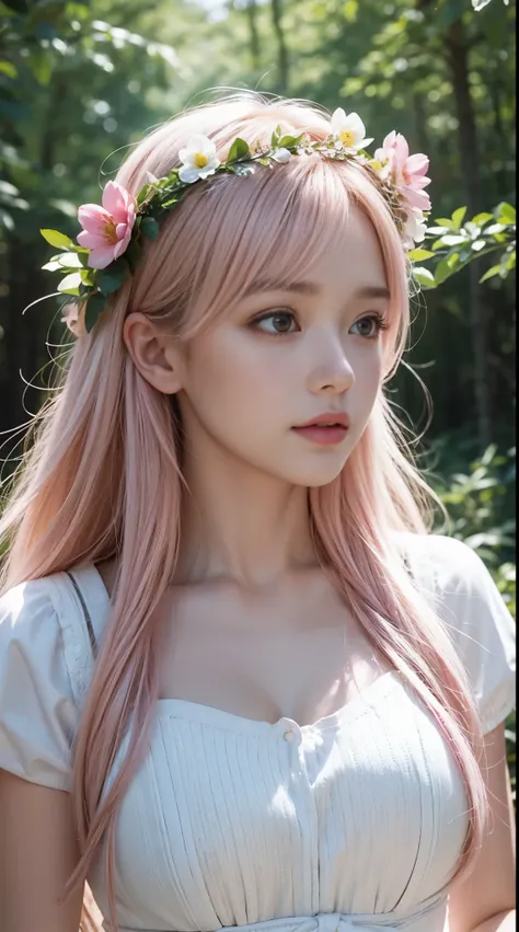 Close up A woman pink lips and blonde hair wearing flower crown walking on the forest 