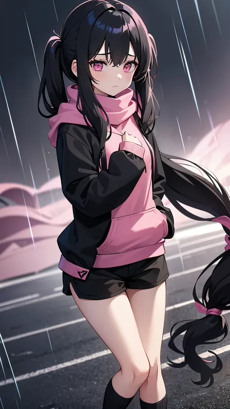 Women, ((|black] hair)), long-haired,Twintail hairstyle,Wearing a pink hoodie.,Wear black shorts.,Wear long black socks.,pink eyes,pink scarf,sad,rain