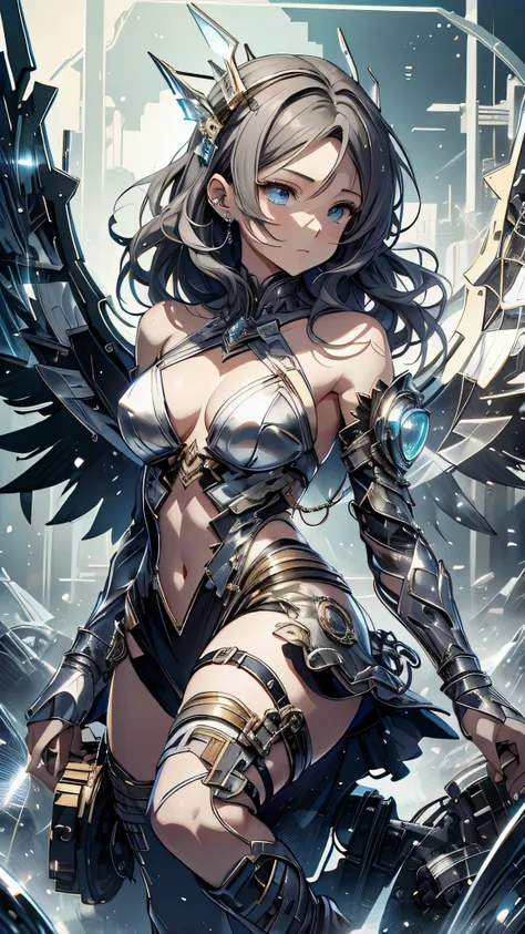 最high quality、best image quality、masterpiece、teenage girl((18-year-old、 By becoming、vest bust、medium bust,wide open breast tea、black eye, gray hair、long hair、thin,highest valley、Black Battlesuit、white arm parts、white leg parts、Holding a big sword、mechanica...