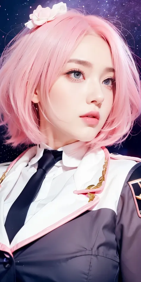 1girl,big breast, pink hair, pink eyes,high quality, ultra detailed, masterpiece, realistic, clothes