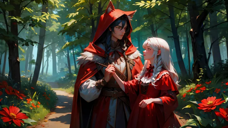 The werewolf tells Little Red Riding Hood why she doesnt look around and enjoy nature. He shows her what beautiful flowers are growing around and suggests that she pick some of them.