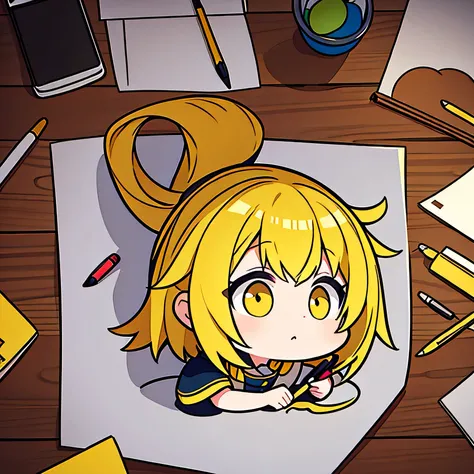 Cute yellow hair girl is drawing in note
