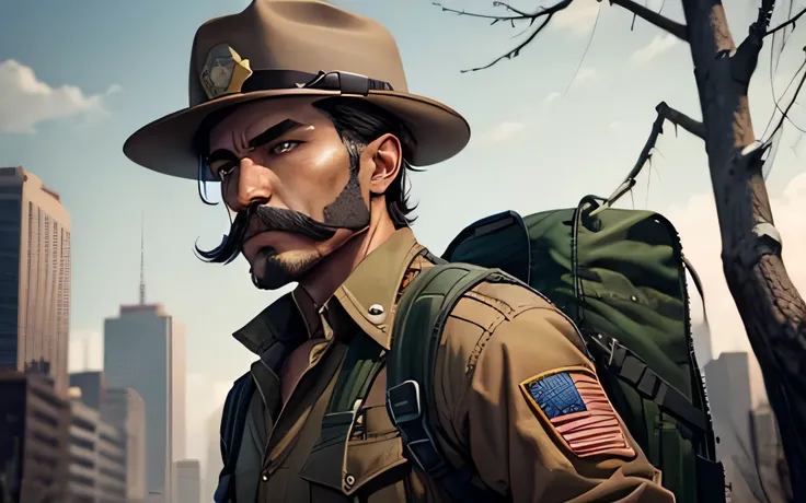 Male character. US park ranger. Short brown heair. Mustache. Park ranger hat. Zombie postapocalypse wasteland. Backpack.