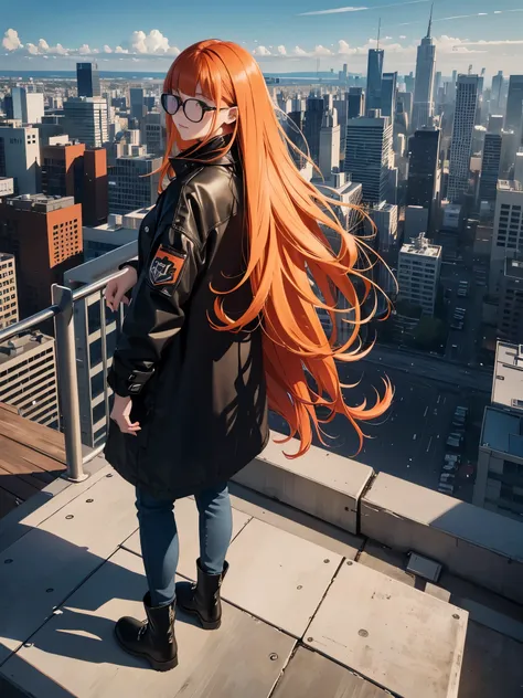 1 girl around 18 years old, long orange hair, (modern long black winter coat), jeans, black chelsea boots, modern city, on the edge of the roof of a skyscaper, (daylight), (rounded 
small frame suglasses), ((back shot)), low angle, volumetric light, 8k, be...