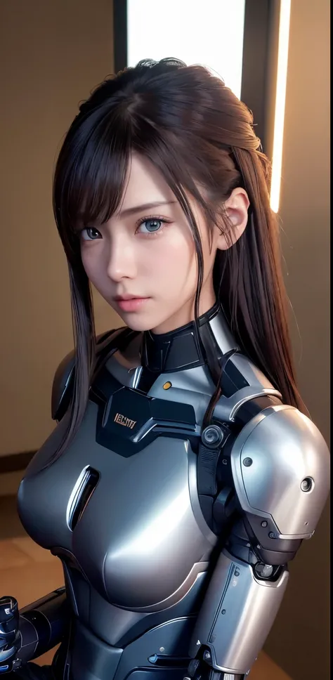 highest quality、masterpiece、Super high resolution、(Photoreal:1.4)、((beautiful girl:1.6)), 全身cyborg少女1体、16 years old、no human、((The only skin part is the face)), glowing eyes、((Lots of split metal chest protectors)), Metalrobot、((全身が戦闘robotの体))、((ボディパーツはrob...