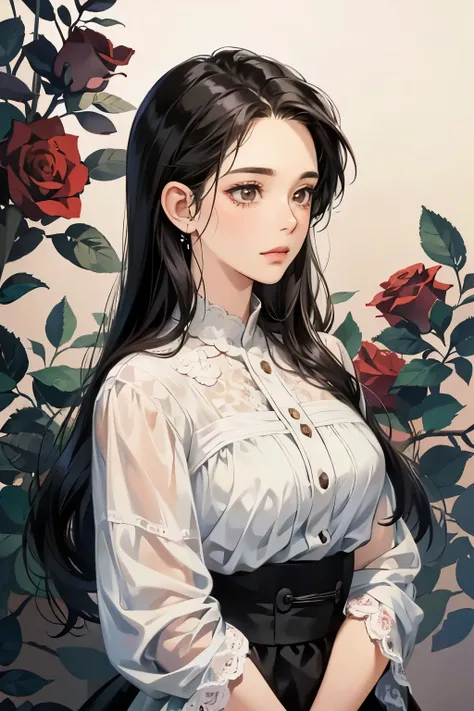 40 years old woman with black hair, brown eyes in anime style, roses in background