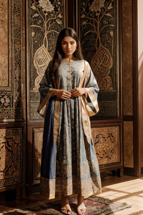 Incorporate intricate floral motifs into the clothing, drawing inspiration from Persian miniature paintings and art.