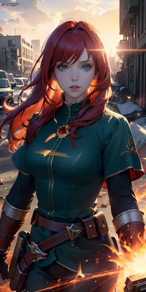 (best quality,4k,8k,highres,masterpiece:1.2),ultra-detailed,(realistic,photorealistic,photo-realistic:1.37), red haired girl, green eyes, Fire Witch, blood, light particles, rays of light, wallpaper, high contrast, colorful, ruined city in the background