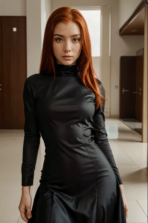 An attractive woman with red hair and a serious face, vestida elegante com vestido, hiper realista absurdo, foto crua, 8K UltraHD, alta qualidade, Film grain, (pele altamente detalhada:1.2)