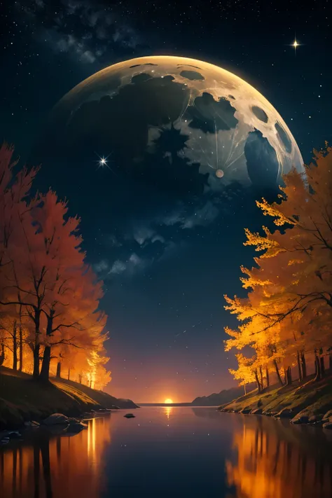 In the tranquil stillness of the autumn night, the midpoint of the season unfolds an enchanting vista. With not a single soul in sight, the world is abundant in breathtaking beauty. The moon, in its full glow, mirrors itself in the tranquil waves, as heave...